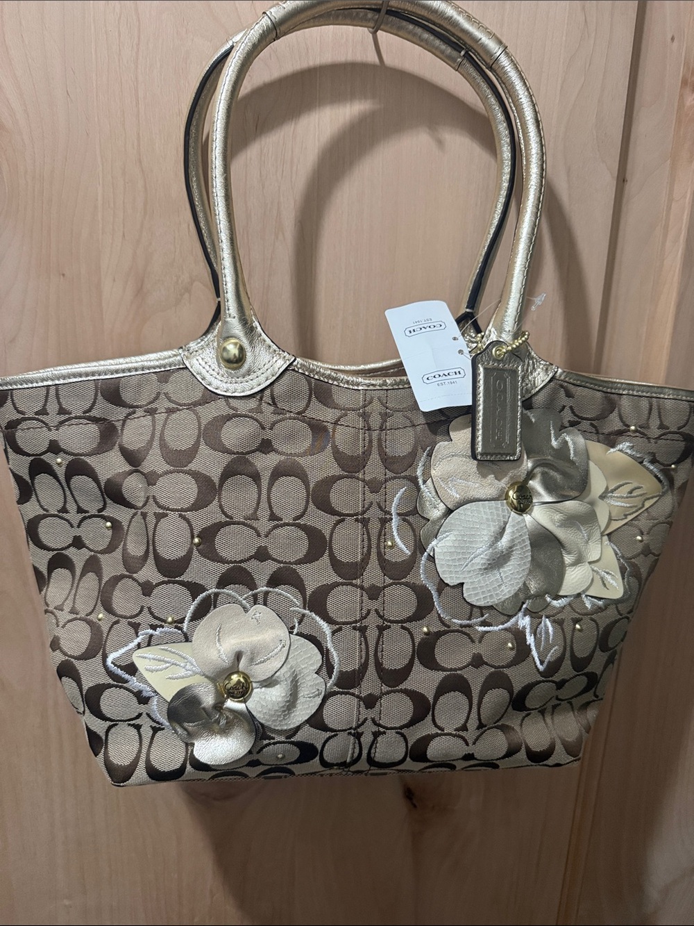 Coach Signature Floral Appliqué Tote in Brown and Gold